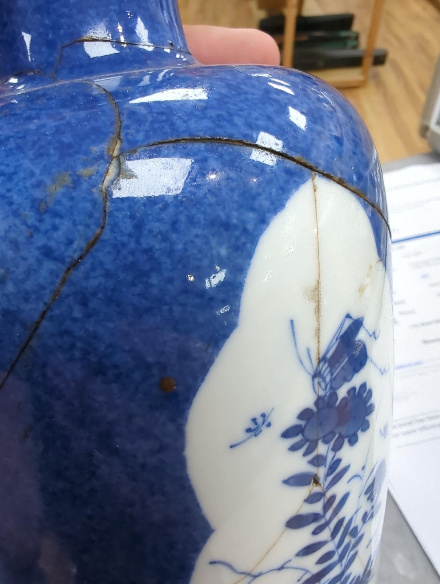 A Chinese blue and white ‘precious objects’ export vase, together with a Chinese powder blue export vase, open vignettes (a.f.) tallest 24.5cms